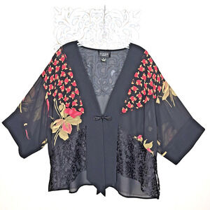 VIRGO Women's size 16 KIMONO Lace Floral Topper Jacket Short Sleeves BLACK Red